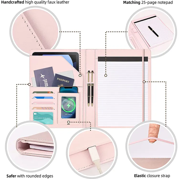 Lederkartonfolio mit nachfüllbaren Zeilen Notizblock A4 Papiertüte Portfolio Dokumentenmappe Mehrfachtasche Lederkongressfalt