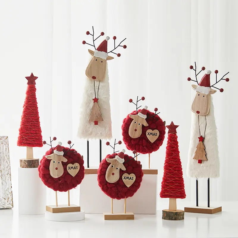 Decoração de Natal de madeira para ovelhas e animais de estimação, decoração de mesa fofa de árvore de Natal de Papai Noel e Elk