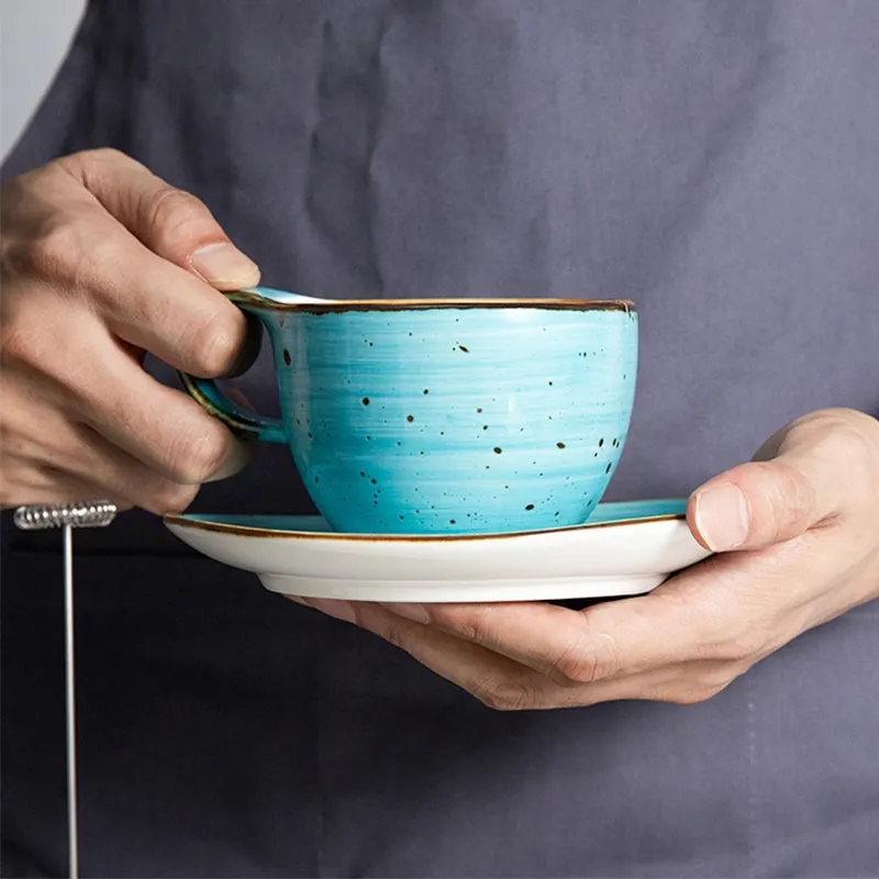 Juego de taza y platillo de capuchino de cerámica con motas rústicas pintadas a mano, tazas de café para Latte Espresso, café de doble tiro, Té Mocha
