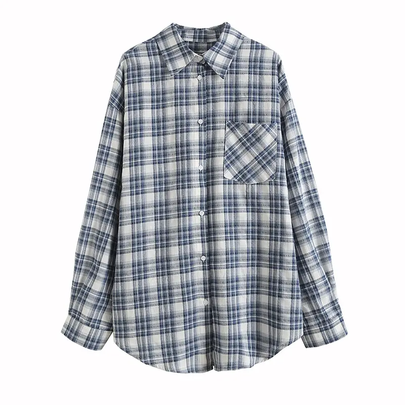 Blusa holgada de algodón y lino con manga larga para verano, camisa fina con estampado a cuadros para mujer, color azul y blanco, 2022