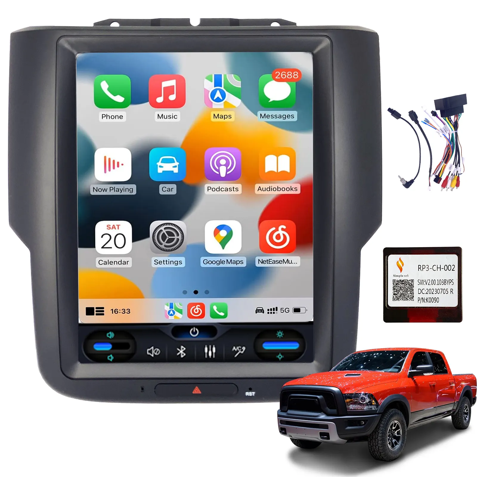 Autoradio Android Lecteur multimédia Dodge Ram Radio GPS Navigation 2013-2018 8 Core 10.4 Inch Radio Bluetooth Simple Soft & KS