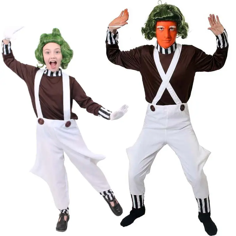 Disfraz de Willy Wonka y la fábrica de chocolate de Halloween, disfraz de Oompa Loompa de lujo para hombre y niño, 2017