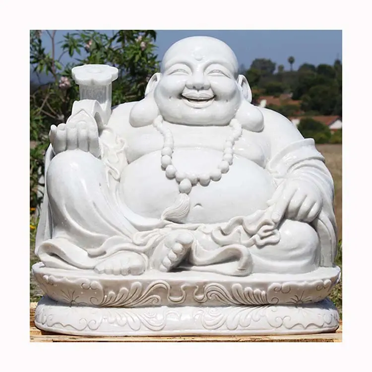 Di alta Qualità Intagliato A Mano Scultura di Pietra di Marmo Bianco Ridere Statue di Buddha Scultura