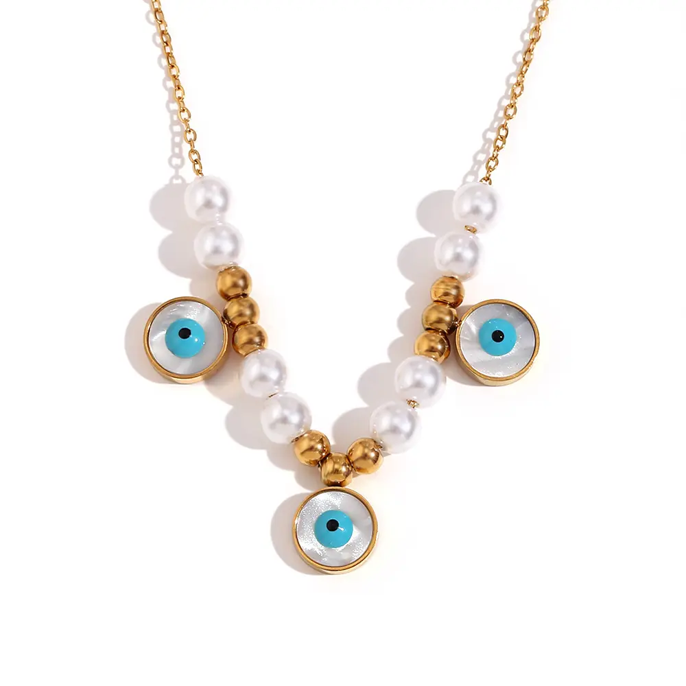 OEM Quality Turquoise Evi Eye Jewelry Imitation Pearl Necklace Gold Plated Stainless Steel Charm Silver Cross Pattern Beads