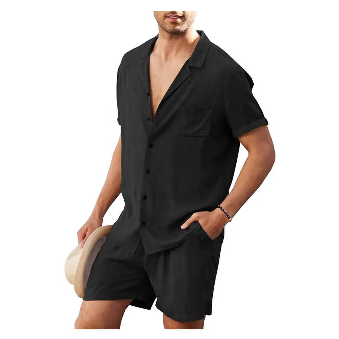 Ropa de playa con logotipo personalizado para hombre, traje de lino transpirable, camisa de manga corta y pantalones de cintura con cordón, traje de lino con bolsillos laterales