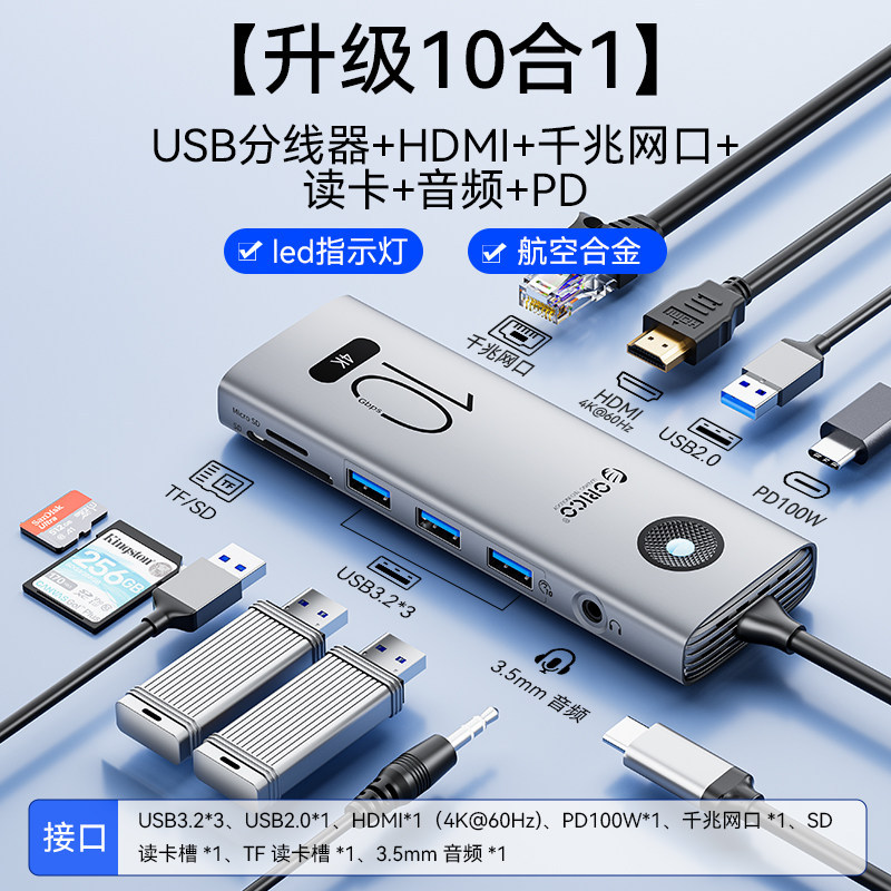 gray 02m-10Gbps-10 in 1 USB323 USB20 HDMI Gigabit PD Audio