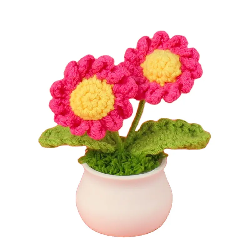 Novas ideias de produtos para decoração de mesa, buquê de flores de crochê artificial em tricô, vaso de crochê de margarita, presente de lã