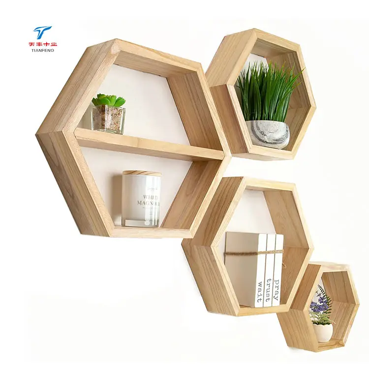 Mensola esagonale in legno naturale a nido d'ape con cubo galleggiante a parete personalizzato per Organizer Boho da parete
