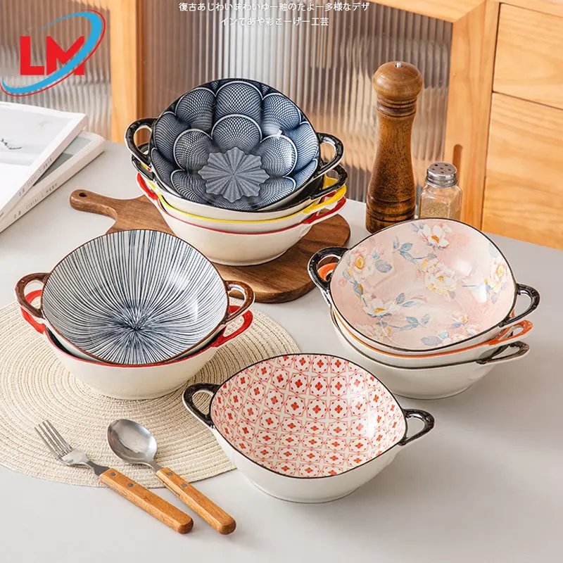 Японская керамическая миска для выпечки супа рамен с ручками, кухонные принадлежности, оптовая продажа, большие керамические салатные миски