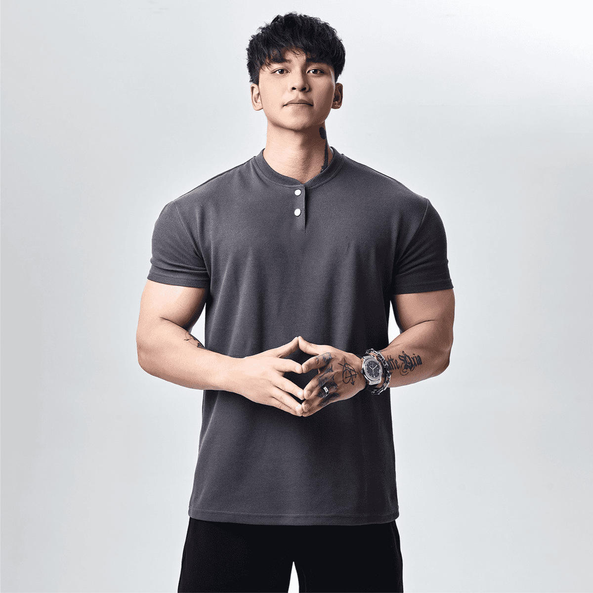 ปลอกคอเฮนรี่สีฟ้าและสีเทาพร้อมกระดุม