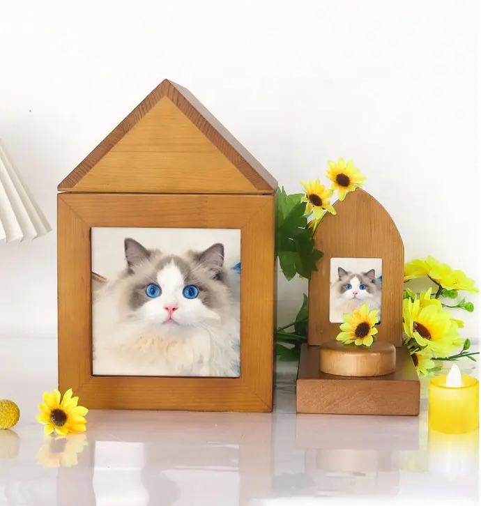 Custom Hot Selling Pet Memorials Urns For Dogs Cats Ashes With Photo Frame Pet Cremation Urns Custom Natural Wooden Pet Urns