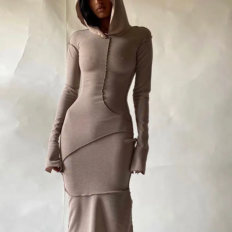 Luze गिरावट कपड़ों की थोक स्लिम फिट लंबी आस्तीन Pleated पोशाक ठोस रंग हूडि पोशाक महिलाओं के लिए