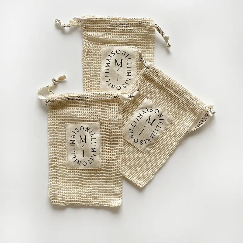 Reusable organic cotton soap set gift bags with drawstring for grocery shopping cotton mesh bag Washable