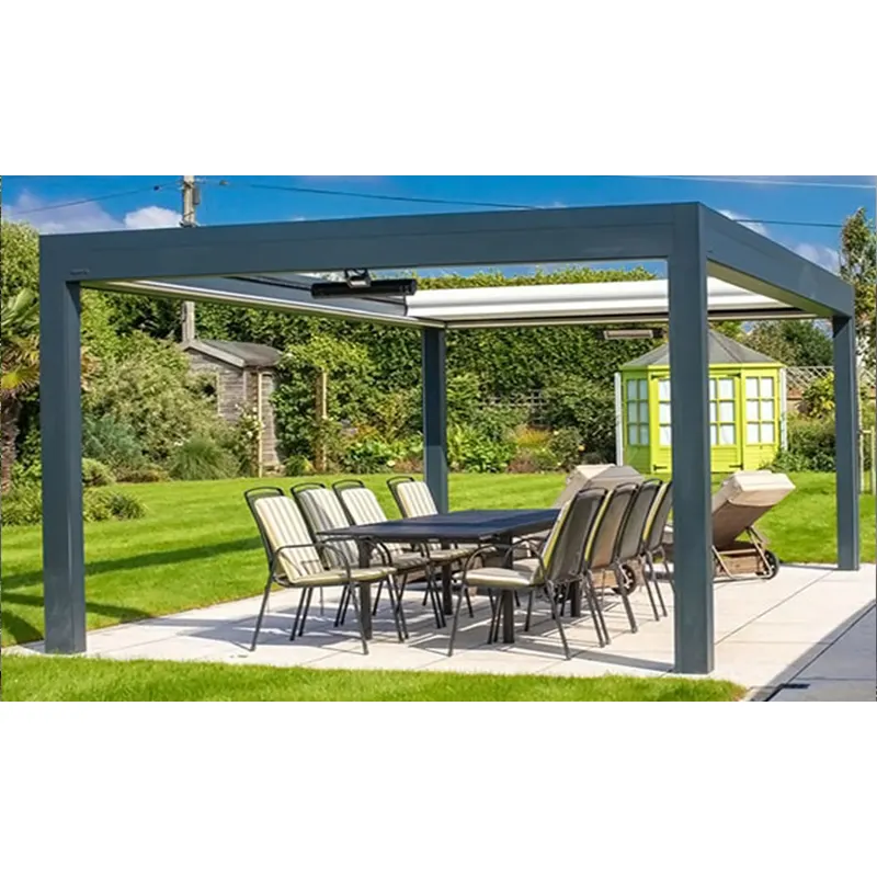 ขายร้อนที่กําหนดเองอัตโนมัติอลูมิเนียม pergola พร้อมม่านเลื่อนไฟฟ้าหลังคา louverd ภายนอกบ้านโลหะ pergola