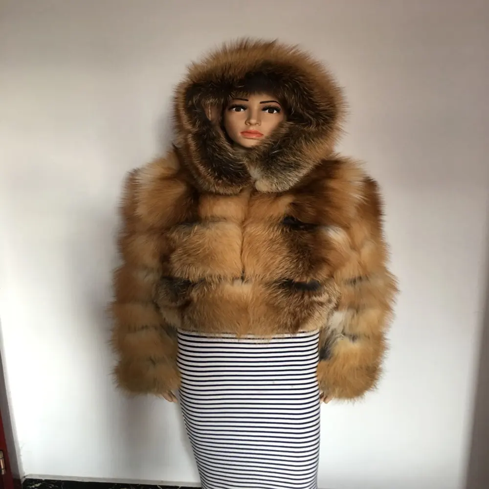 Женское зимнее теплое мягкое пальто из натурального меха Красной лисы, Женская куртка с длинным рукавом из натурального меха, короткая стильная с капюшоном