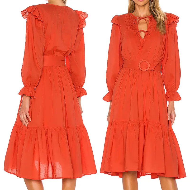 Vestido largo plisado de dama de honor, 100% algodón, naranja