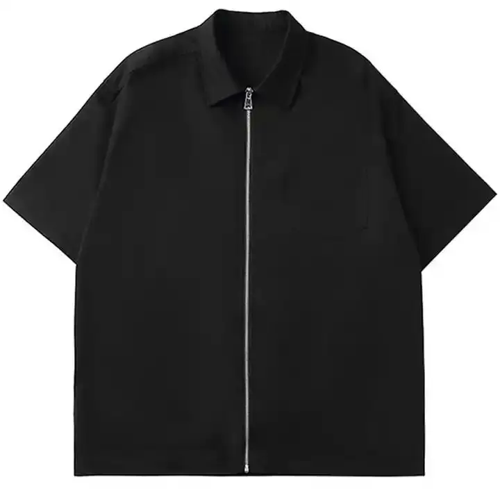 Venta al por mayor 280gsm Casual Zip Up Shirt Custom Laser Printing Shirt For Men Heavyweight Lapel Black T-Shirt