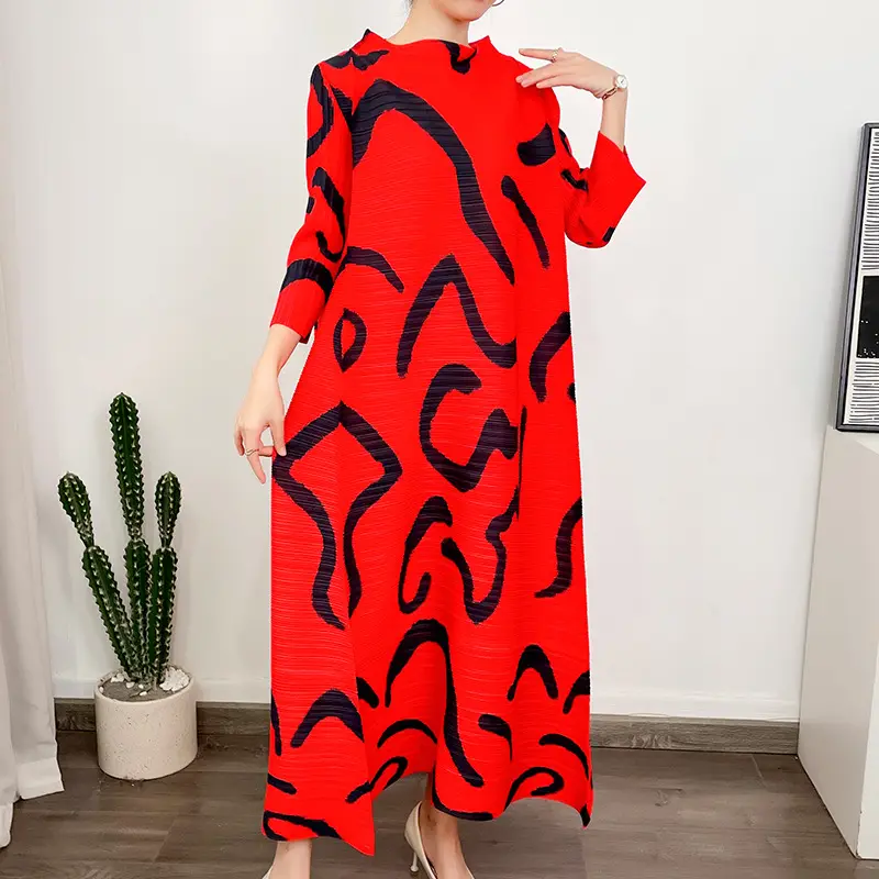 Miyake 2023 African Woman Fashion Printing Maxi Hot Sale Summer Plus Size Dress Women Elegant Pleated Dresses