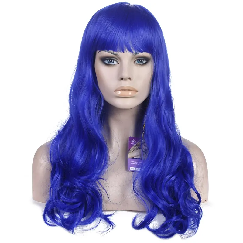 Venta al por mayor 18 "Real Natural azul largo rizado ondulado traje fiesta adultos sintético pelucas Cosplay Peluca de pelo con flequillo para las mujeres