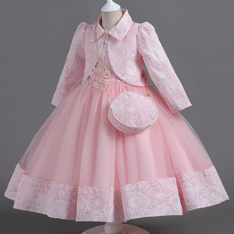 2023 automne nouveau rose fleur filles robes princesse jupe maille livraison cartable 3 pièces haut de gamme enfants vêtements filles robe de soirée