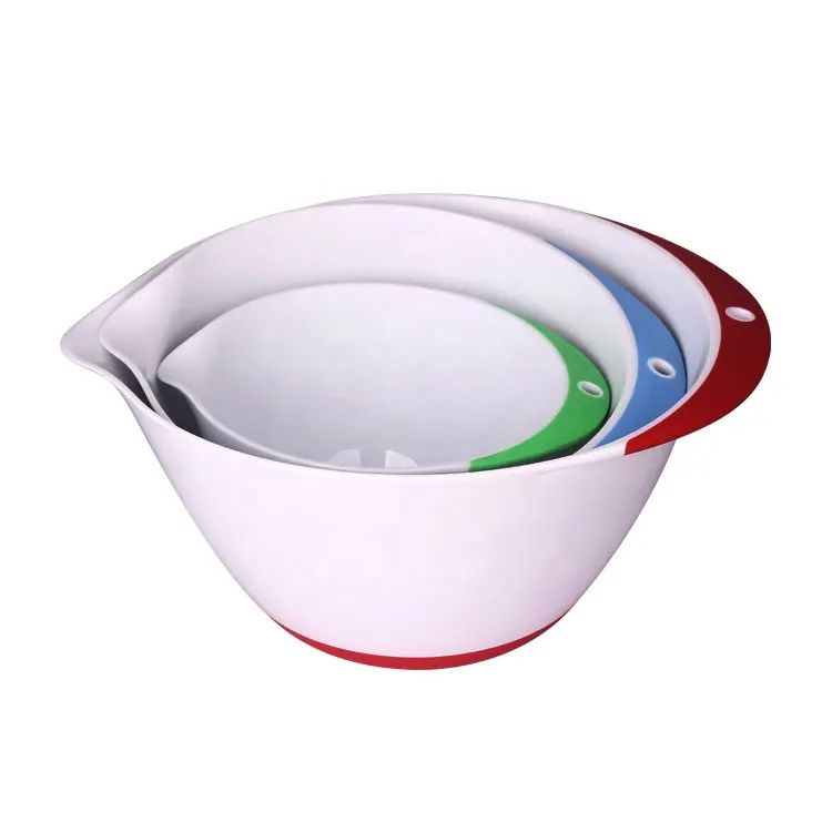 3 Piece Plastic Mixing Bowl Set - Nesting Mixing Bowls with Rubber Grip Handles Easy Pour Spout and Non Slip Bottom - Three Size