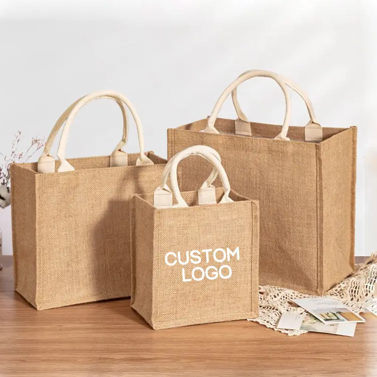 Grosir kustom Logo tugas berat alami polos goni rami Linen tangan tas belanja untuk wanita, hadiah