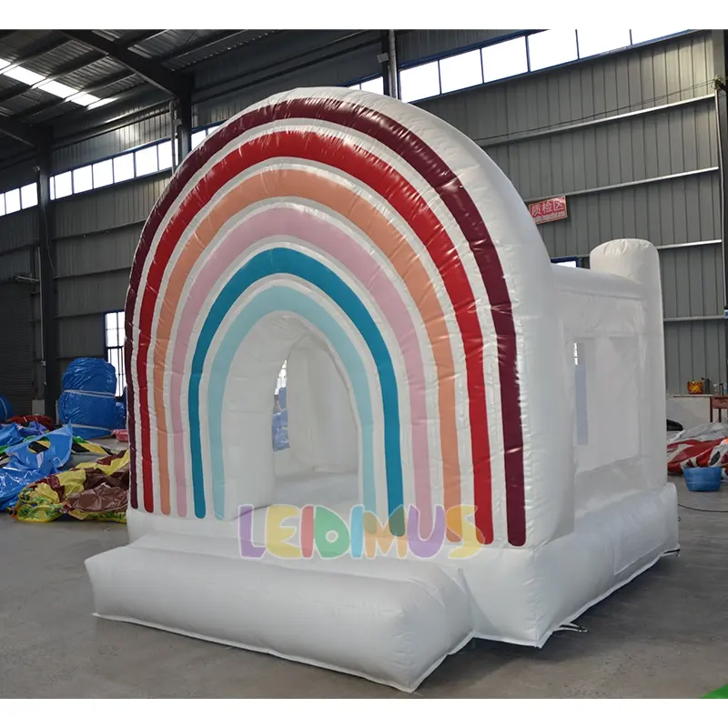 Light colored jumping castle commercial rainbow inflatable bouncy castle with ball pit bounce house with slide