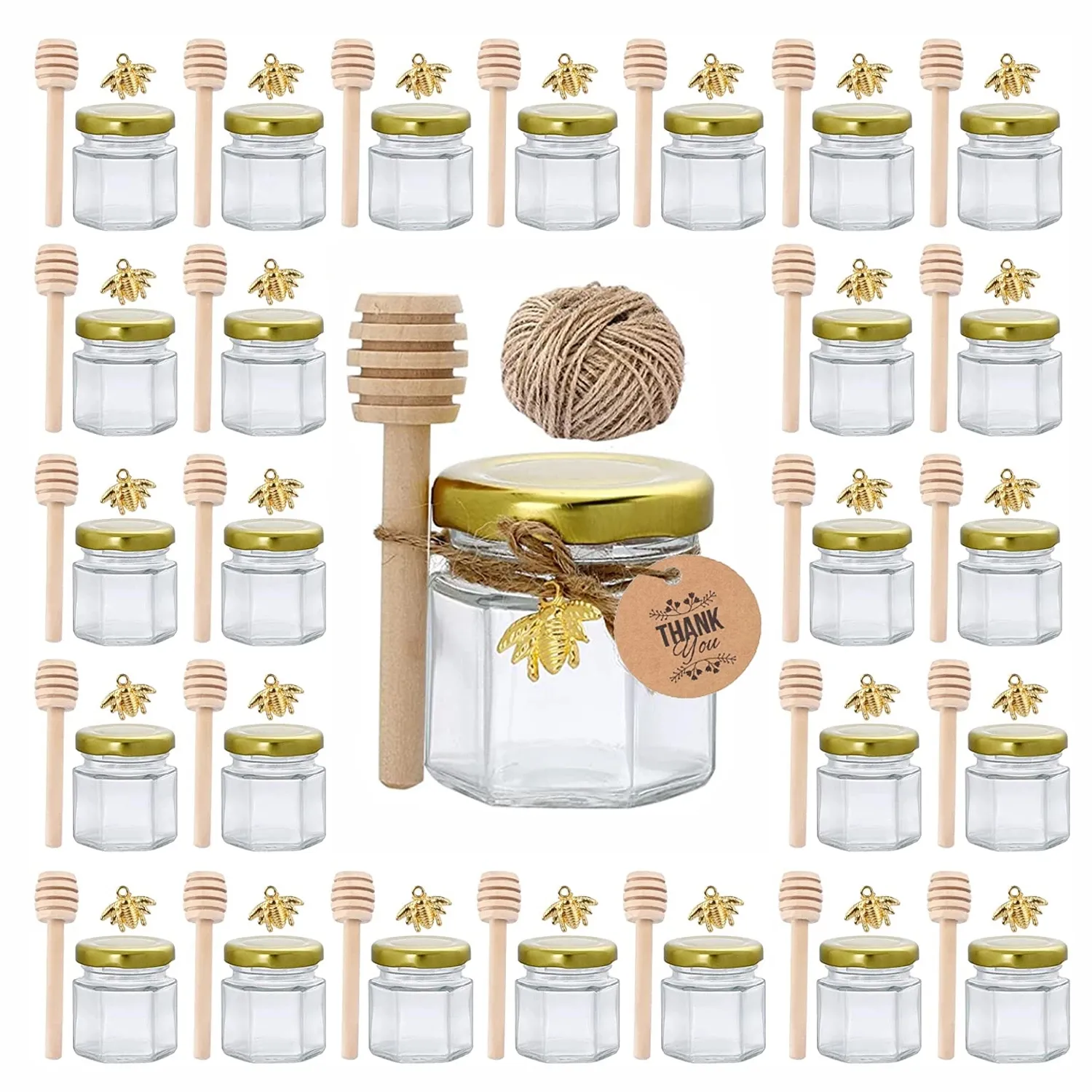 Mini pot de miel hexagonal de 45ml avec couvercle doré pour cadeaux de mariage, confitures de miel, bonbons en gelée