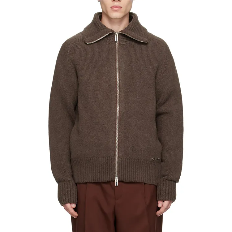 AiNear custom logo designer blank heavy knit cardigan sweater men coats long sleeve zip up wool knit men's cardigan sweater