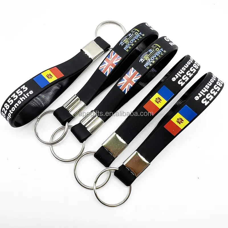 Wholesale bulk cheap custom logo printing brand rubber lanyard bracelet silicone wristband keychain for promotion