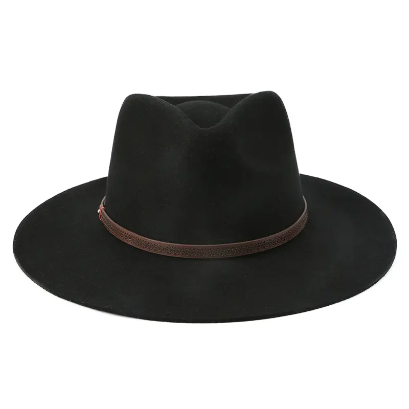 2022 Custom Designer Outdoor Roll Up Brede Rand Zwart Groot 100% Australië Wol Lederen Vilt Fedora Hoeden In Bulk Voor Mannen