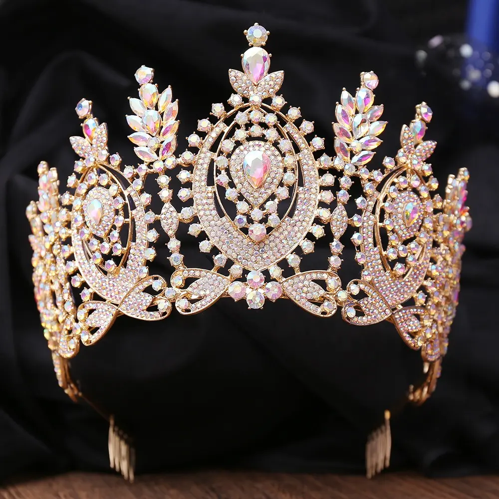 Büyük taç prenses beyaz tanrıça kristal Tiara kraliçe taç tarak Rhinestone düğün doğum günü taç ve Tiaras ile kadınlar için