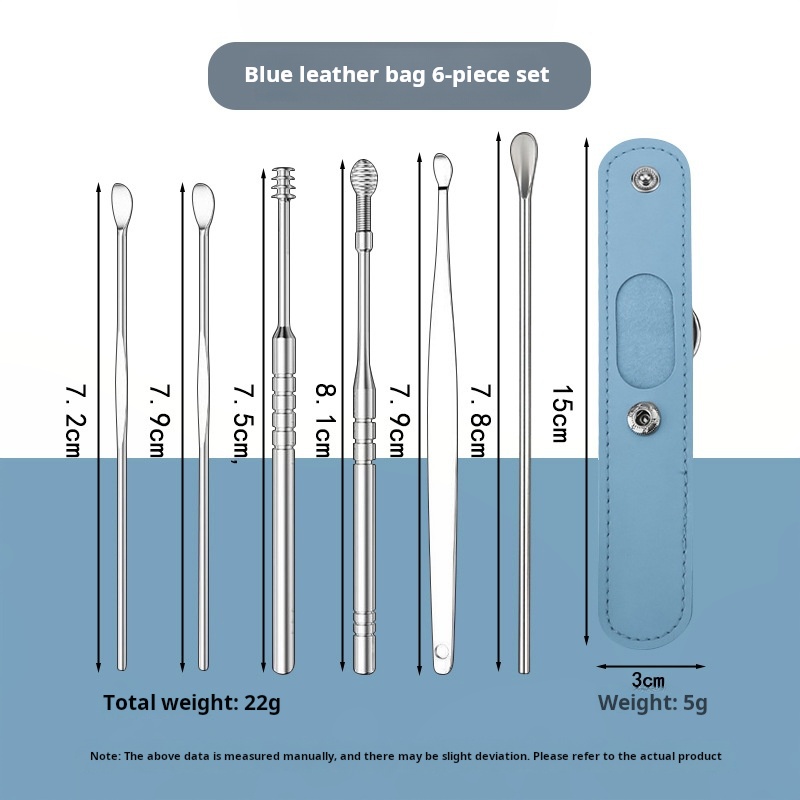 Blue leather bag 6-piece set - silver handle