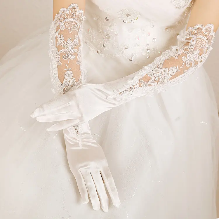 Vente en gros de gants longs en dentelle pour robe de mariée classique Gants de mariée en satin blanc pour cérémonie de mariage