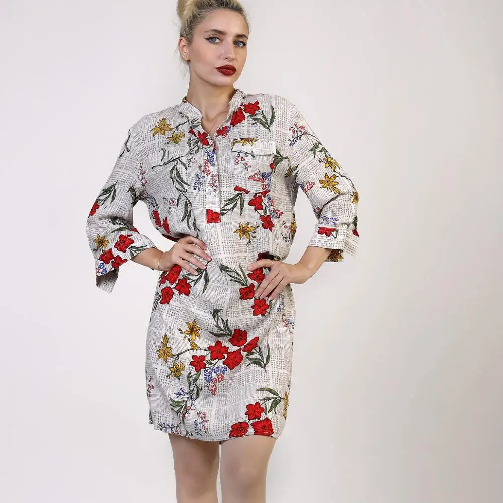 Women Shirt Dress Print Flower Red Casual Dresses Natural OEM Service Floral Print Adults Chiffon Spring Loose Beaded Viscose