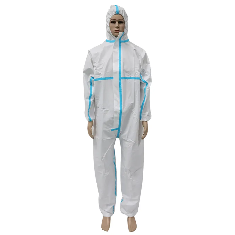 Junlong en14126 PPE phù hợp với yếm không dệt dùng một lần Coverall với băng màu xanh cho bán buôn
