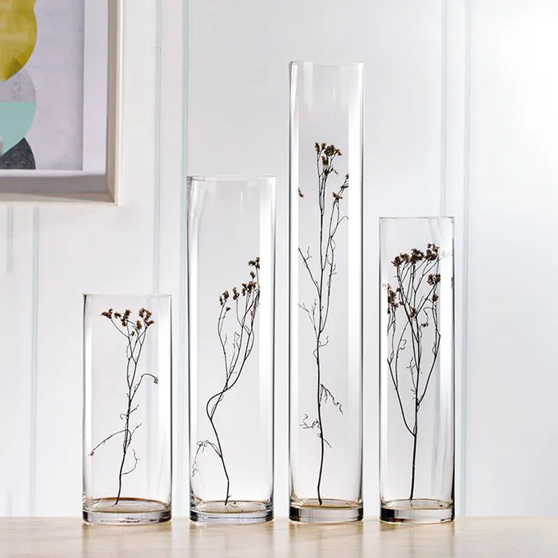 Jarrón de cristal creativo nórdico, decoración cilíndrica, centro de mesa, Mini mesa pequeña, jarrones de cristal blanco de lujo para plantas al aire libre e interior
