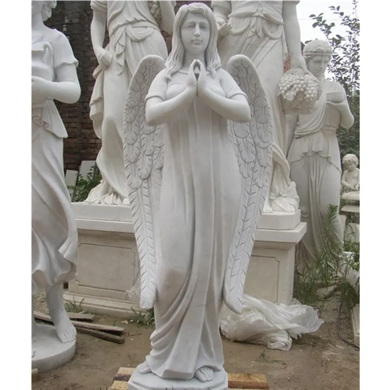 مخصص الطبيعي الرخام الملاك حديقة تمثال كبير تمثال ملاك s الصلاة الرخام الأبيض تمثال ملاك مع أجنحة كبيرة للبيع
