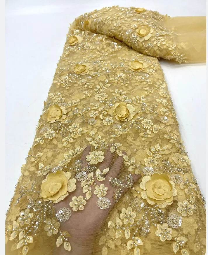 Venta al por mayor de China tela de encaje nupcial bordado 3D flor tela de encaje con cuentas