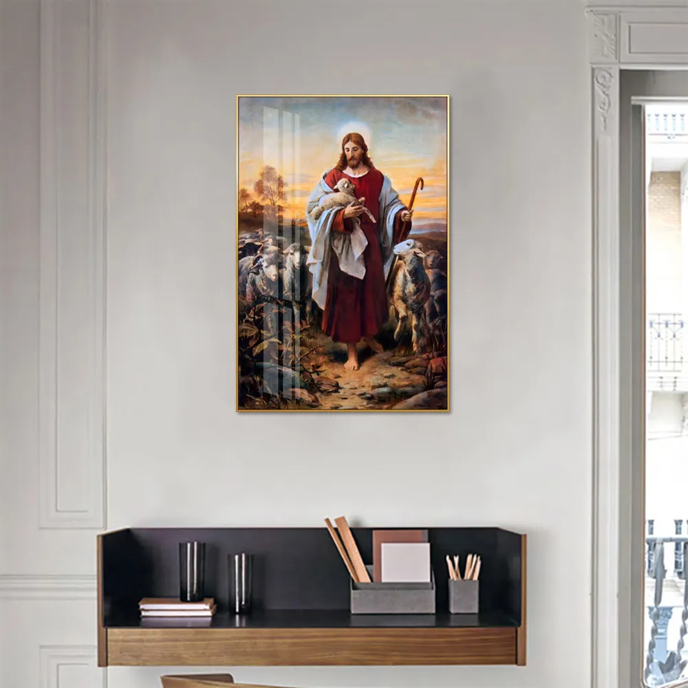 Huamiao 40*60cm Religion Story Wall Painting Jesús con ovejas Christian Framed Glass Painting