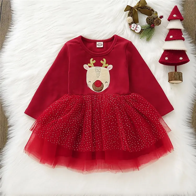 Atacado Baby Dress NEW Christmas Toddler Infantil Baby Girl Clothes algodão infantil Manga Longa Lace Tutu Dress para crianças