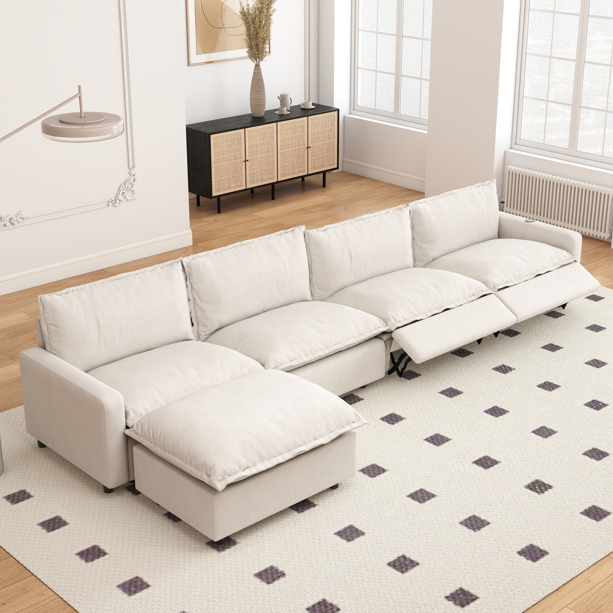 Canapé 4 places avec 2 fauteuils inclinables et pouf