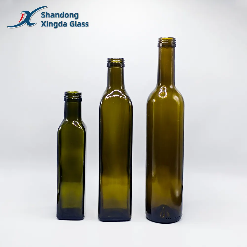 Xingda personnalisé 125 ml 250 ml 500 ml 750 ml 1000 ml vide vert couleur verre clair carré rond fabricant de bouteilles d'huile d'olive