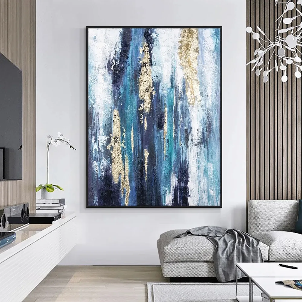 Home Decor Abstrakte blaue Malerei mit Goldfolie Handgemalte handgemachte Wand kunst Ölgemälde auf Leinwand benutzer definierte Ölgemälde