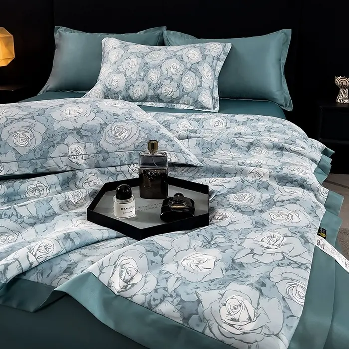 Set selimut tempat tidur AC Modern baru untuk musim panas Queen King Floral pendingin mawar seprai tempat tidur selimut Tencel lembut 4 buah