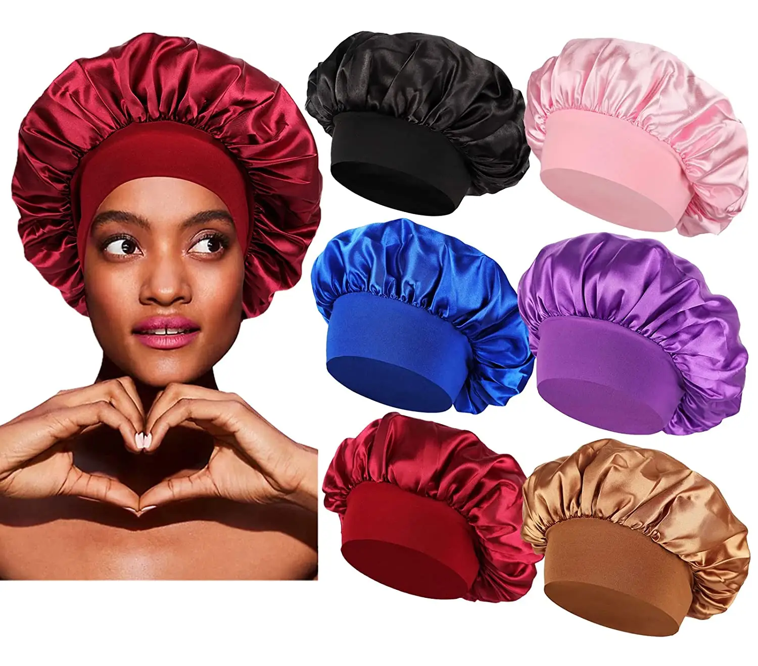 Logo Kustom Bonnet dan Satin Rambut Membungkus Lebar Band Satin Bonnet Topi Tidur Sutra Sorban Elastis Rambut Keriting Bonnet Satin Femme