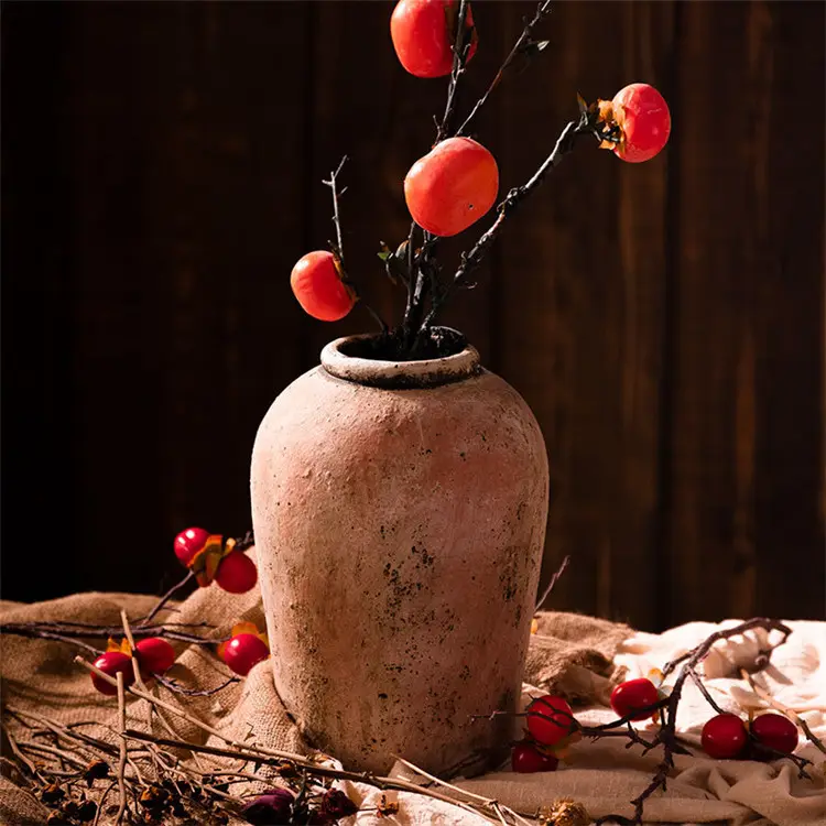 Vase rond rouge et brut pour décoration de jardin, rétro, bon marché, grand format, texturé et en grès, poterie, pour fleurs, pièces