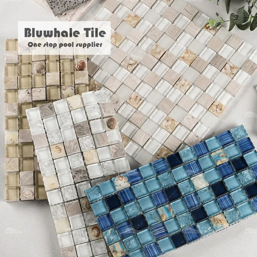 Bluwhale One Stop fornitore Stone Mosaic Mix Crystal Glass Conch Pearl Tile piscina piastrelle in resina per doccia Backsplash