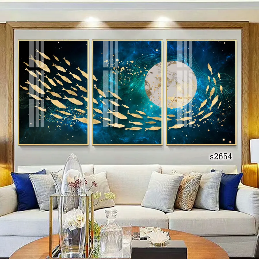 Cuadro decorativo moderno de animales para sala de estar, Tríptico, imagen de pescado, Mural HD, lienzo impreso, pintura de porcelana de cristal para pared