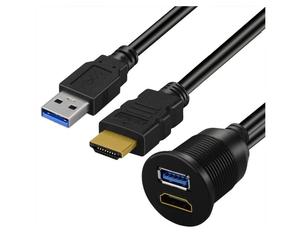 USB 3.0高清至高清 + USB3.0辅助仪表板汽车嵌入式安装延长线公母插座电缆安装面板套件